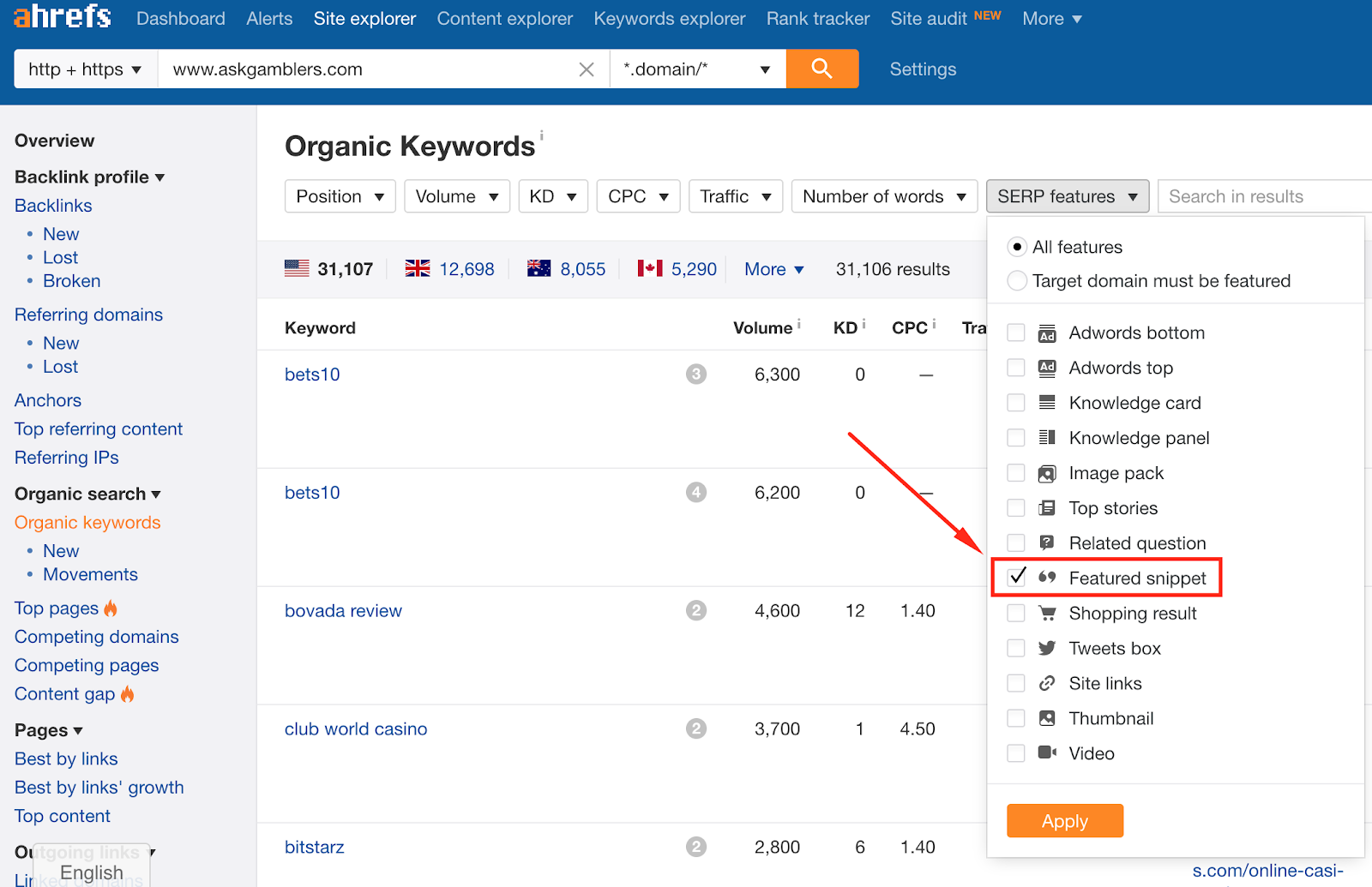 featured snippet ahrefs
