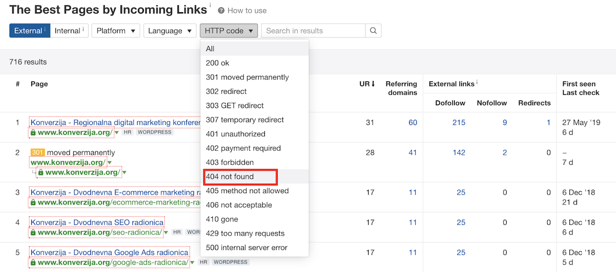 ahrefs 404 izvjestaj